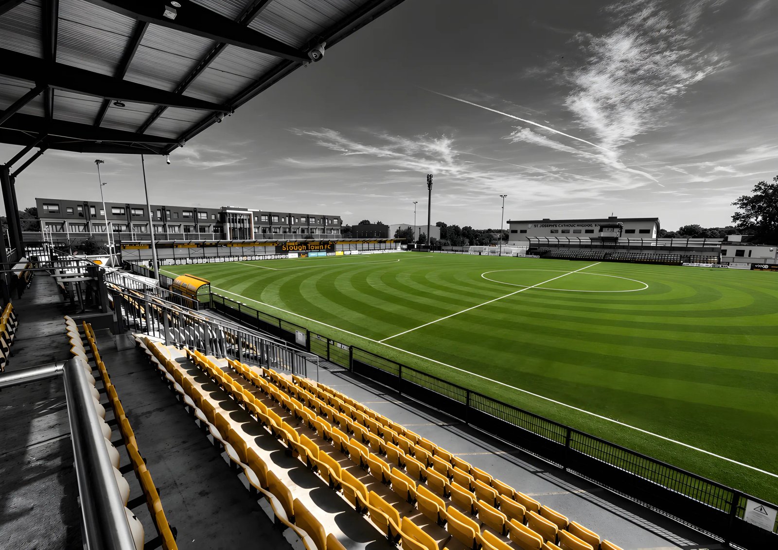 The main stand and pitch at Arbour Park